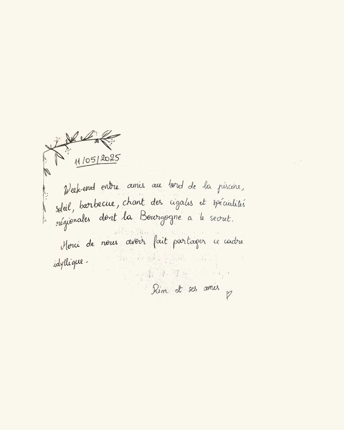 Week-end entre amis au bord de la piscine, soleil, barbecue, chant des cigales et spécialités régionales dont la Bourgogne a le secret. Merci de nous avoir fait partager ce cadre idyllique. — Rim et ses amis