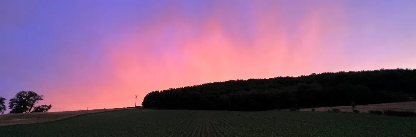 Un ciel rose et violet au coucher du soleil, au-dessus des champs et d’une crête boisée