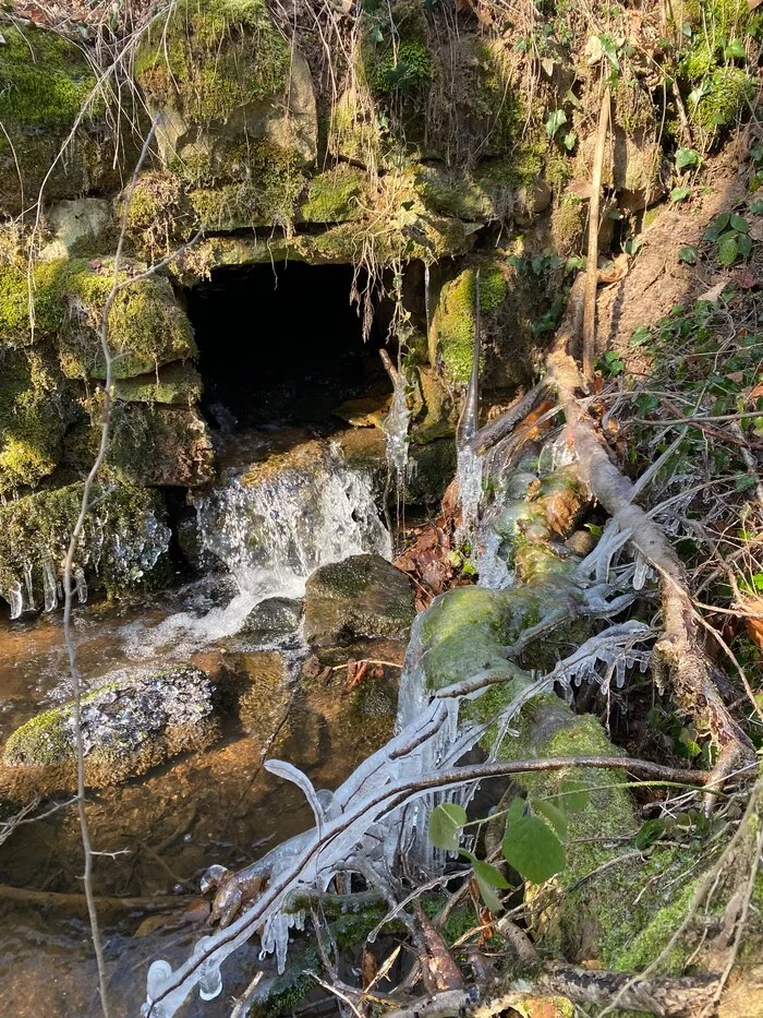 Un ruisseau qui sort d’une voûte en pierre, entre mousse et glace