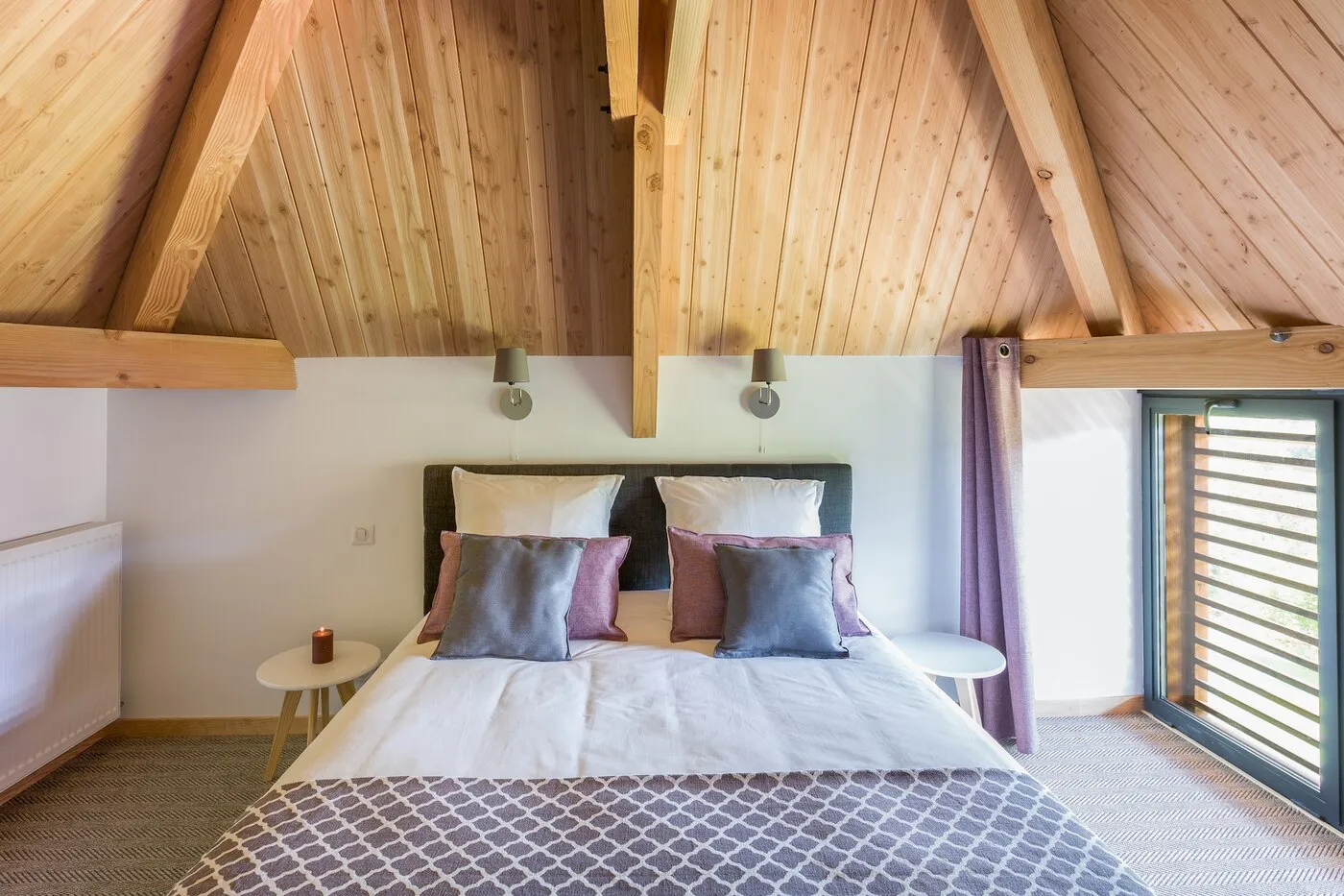 The bedroom in the Pigeonnier, under the exposed beams